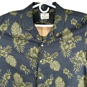 Mutual Weave Mens Large Navy Green Leaf Tropical Linen Blend Button Down New